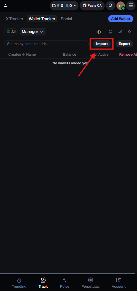 Click the Import button in the tracker
